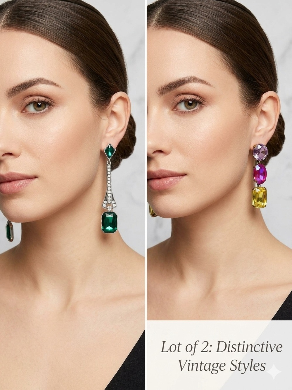Vintage Art Deco Emerald
Statement & Multicolor Crystal Drop Earring Lot of 2